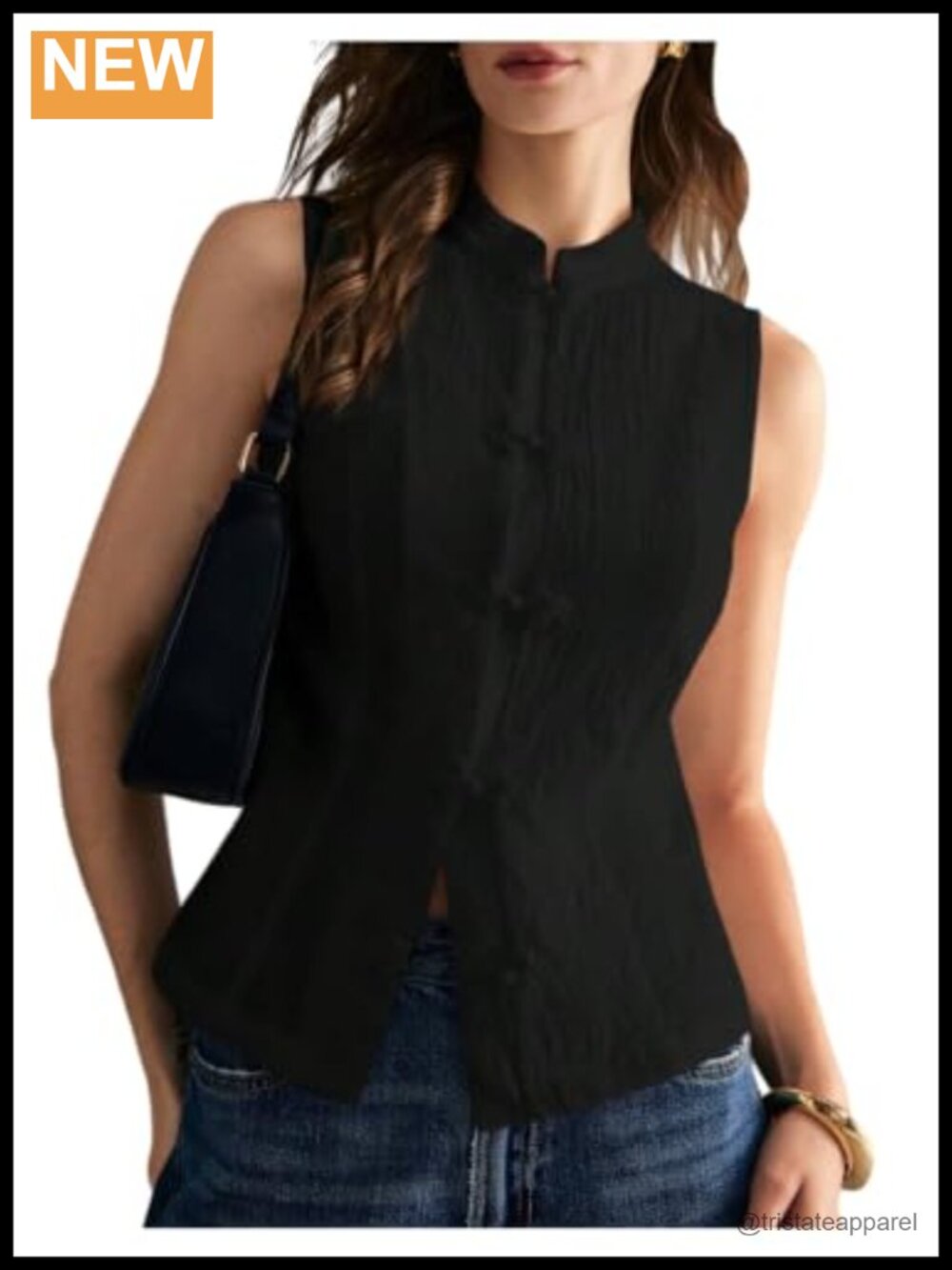 Sleeveless Linen Tank Top with Mandarin Collar & Frog Buttons